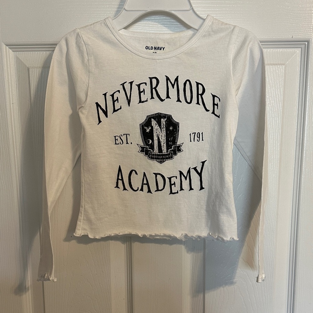 Old Navy White Long Sleeve with Black Nevermore Academy Graphic New W/O tags
